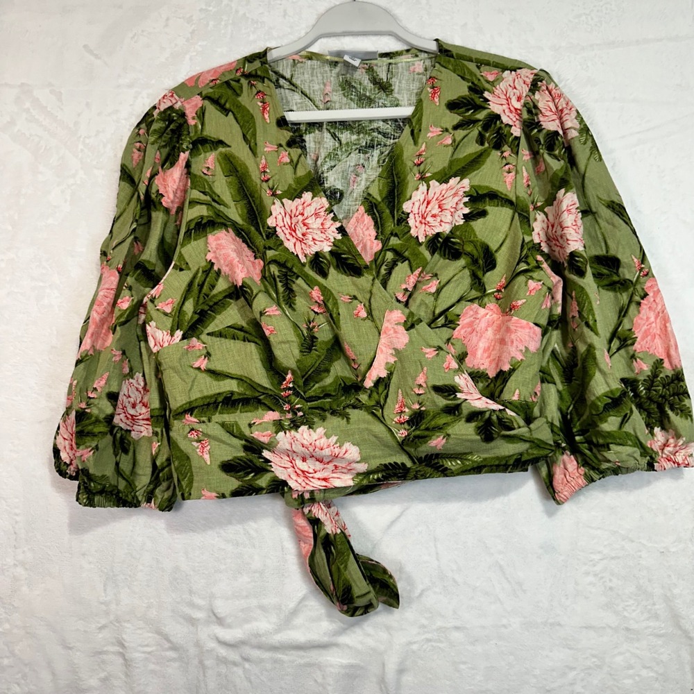 Agua Bendita x Target Floral Wrap Crop Top 2X Green Pink Puff Sleeve Linen Blend
